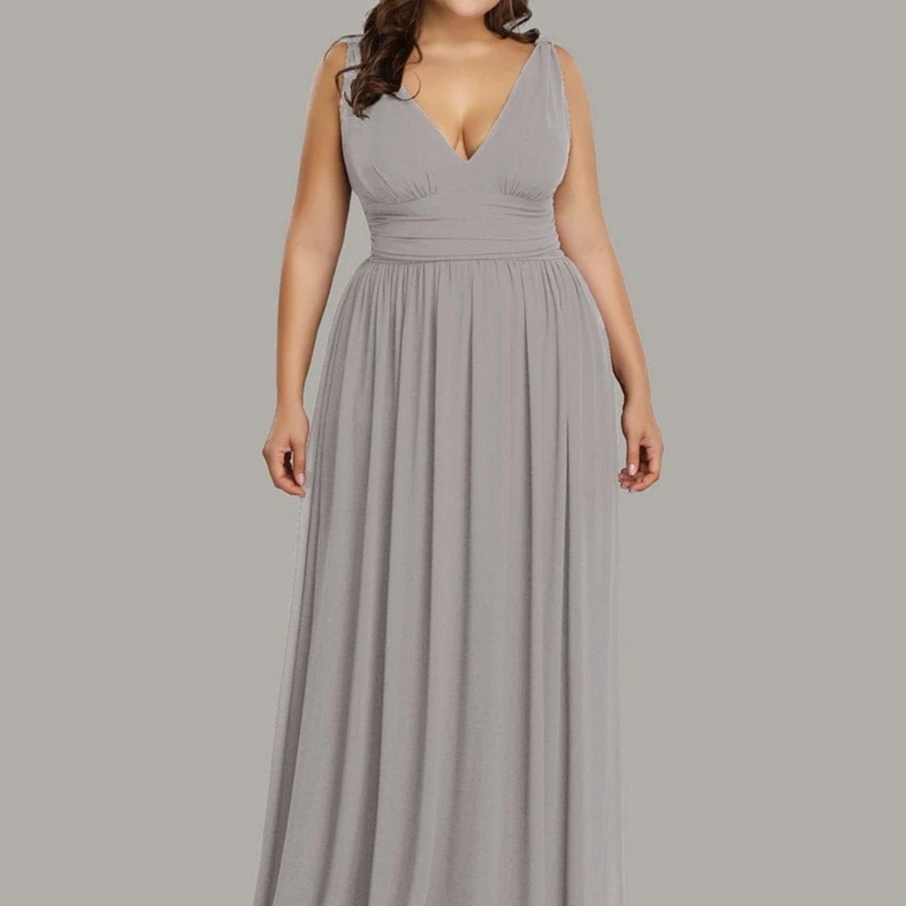 Ever Pretty Gray Ruched Maxi Gown V-Neck Sleeveless